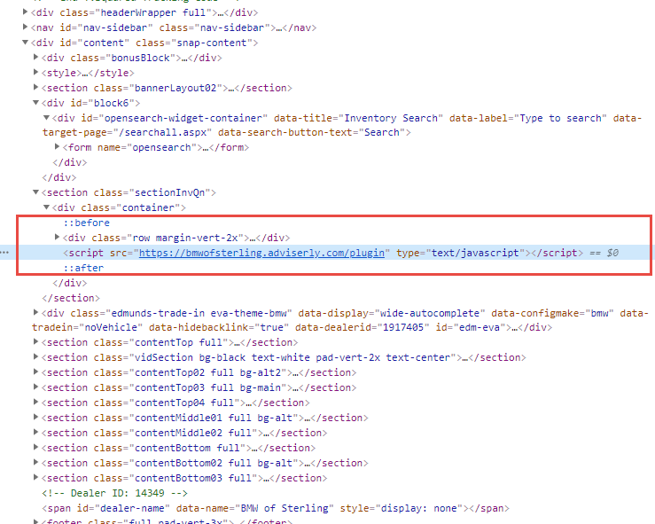The plugin script placed in the page markup